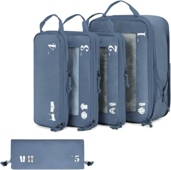 ECOHUB 5 Set Compression Packing Cubes for Suitcases Organiser Bags Set Travel Essentials with Shoe Bags for Travel Tear-resistant Travel Accessories with ID Tag Expandable Packing Bags(All Blue)
