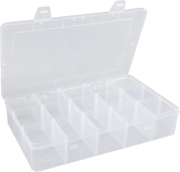 Hlotmeky Plastic Organizer Box with Dividers Bead Organizer 15 Large Grids Tackle Box Organizer Clear Snackle Box Container